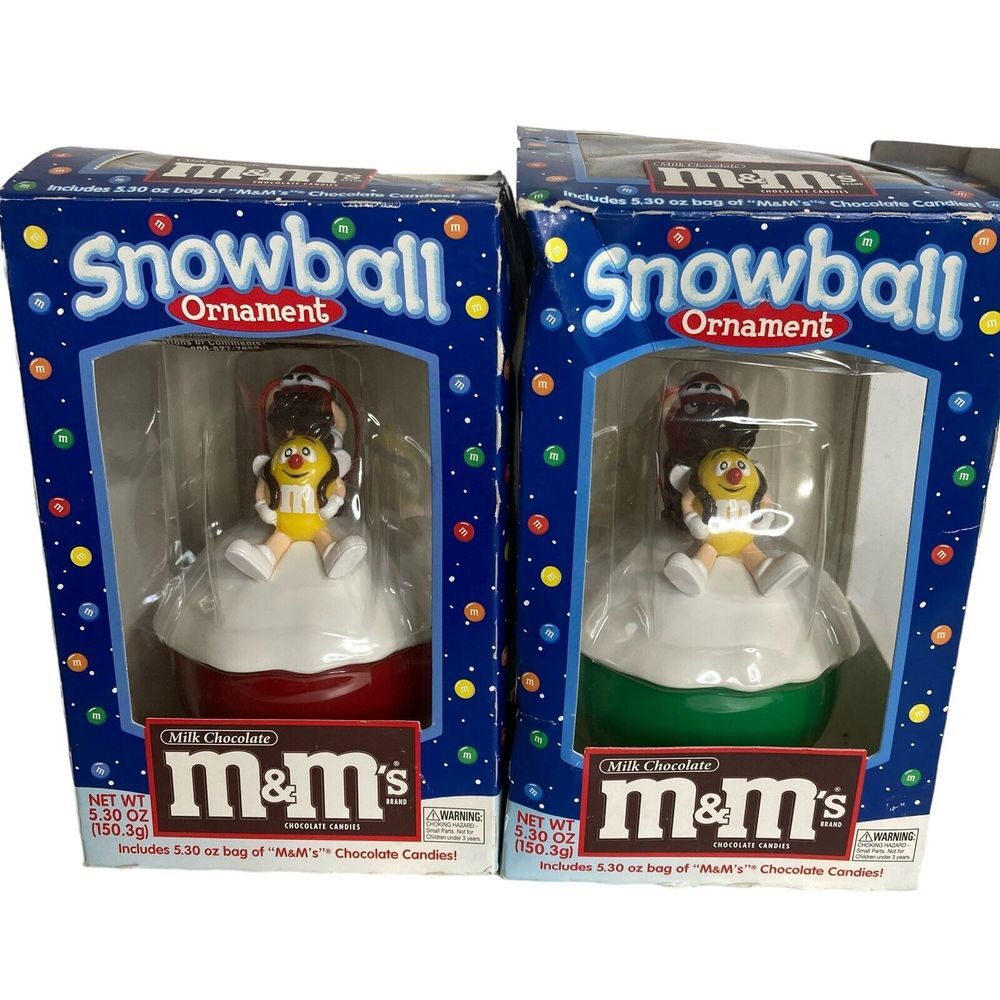 Lot of 2 M&M Snowball Ornaments Candy Mars Lift Top Secret Chamber Vintage